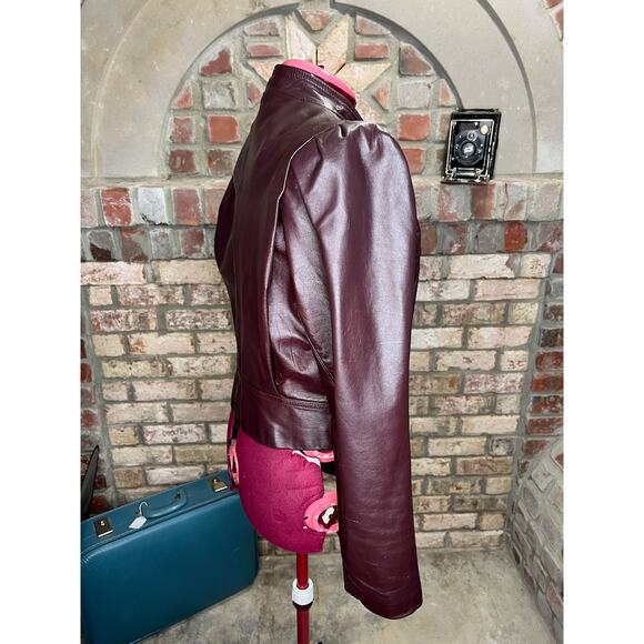 leather Jacket OXBLOOD red burgundy wine cropped puff sleeves - Picture 8 of 16